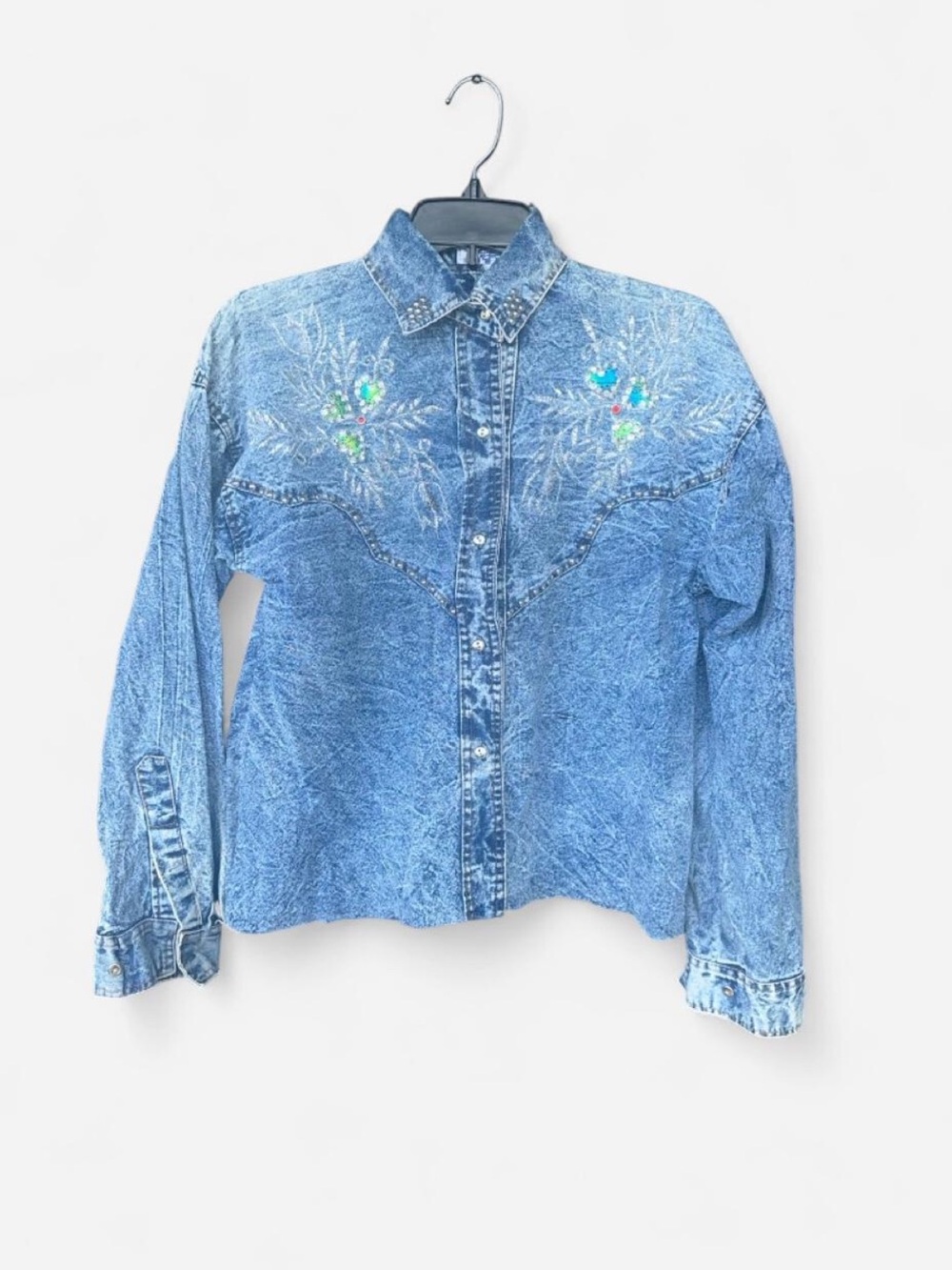 Embroidered Acid Wash Denim Western Shirt - Blue